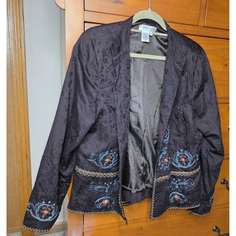 Coldwater Creek Jacquard Floral Embroidered Jacket Size Large Brown Dressy Art
